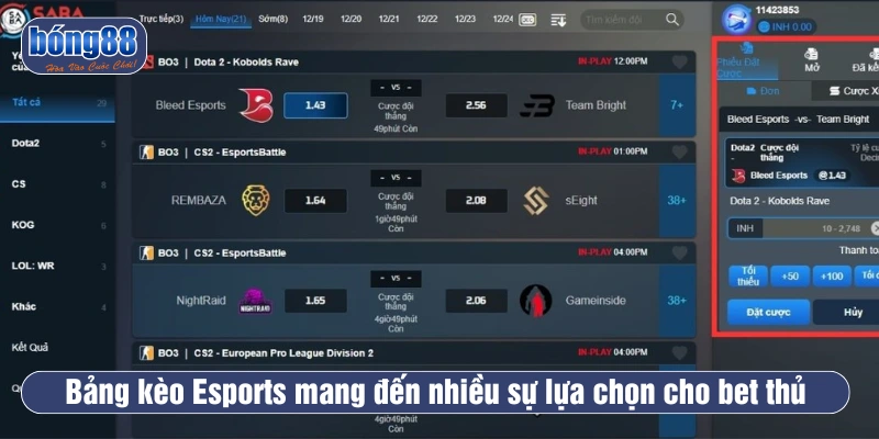 Bảng cược kèo Esports mang đến nhiều lựa chọn cho thành viên  